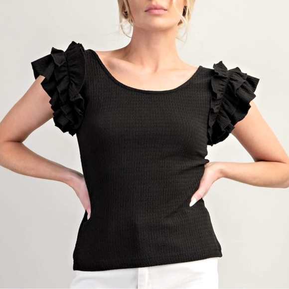 New Fabulous Ruffle Sleeve Textured Knit Fitted Top - Picture 1 of 6